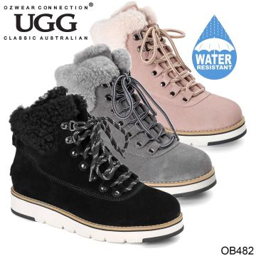 UGG OZWEAR Women's Ugg Lori Lace Up Sneaker Boots Cows Suede + Sheepskin Wool Ob482