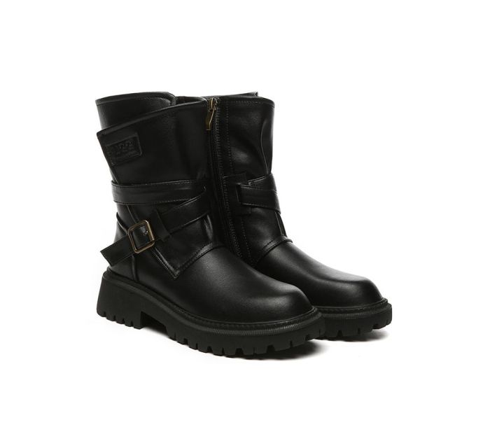 UGG AUSTRALIAN SHEPHERD Women Leather Zipper Block Heel Black Boots Jamie
