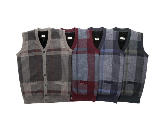 TA Men Plaid Knitted Wool Vest Detachable Inner Fleece Lining